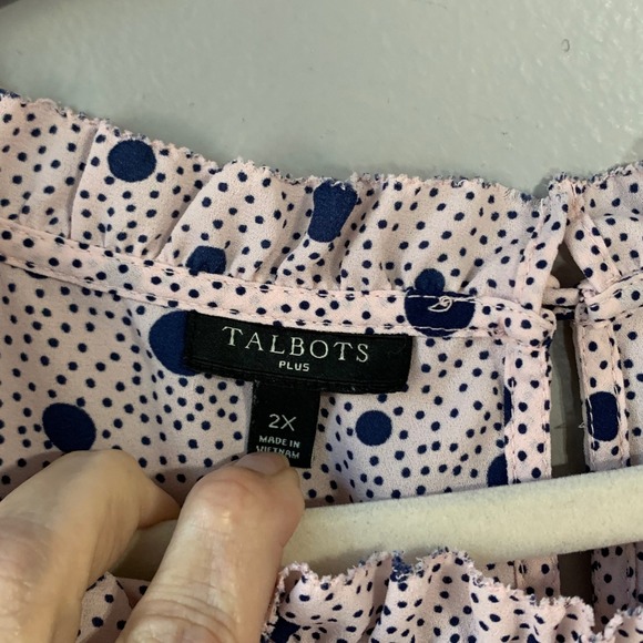Talbots‎ pink/navy polka dots gathered high neckline sleeveless blouse. Size 2X - Picture 3 of 11
